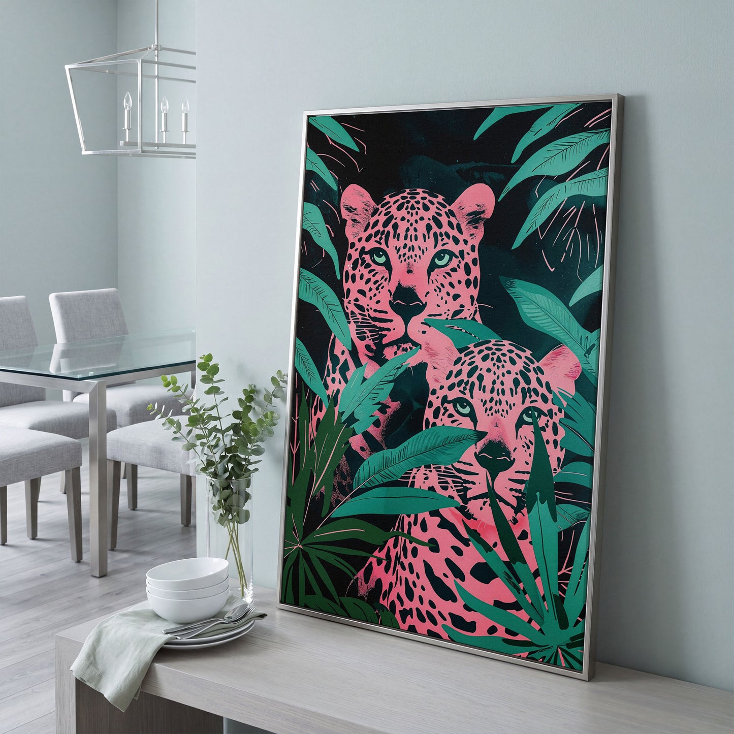 Jungle Leopards with Pink Tropical Leaves Canvas in silver floating frame