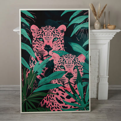 Jungle Leopards with Pink Tropical Leaves Canvas in white floating frame
