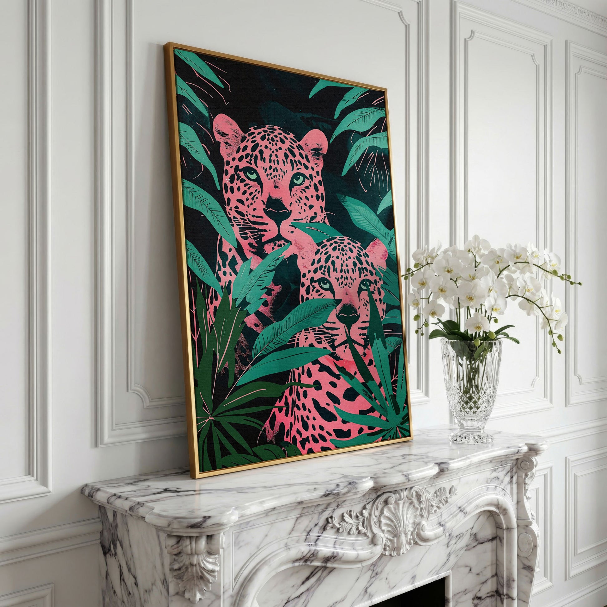 Jungle Leopards with Pink Tropical Leaves Canvas in yellow gold floating frame
