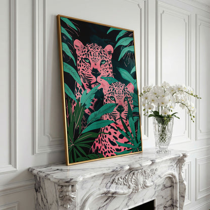 Jungle Leopards with Pink Tropical Leaves Canvas in yellow gold floating frame