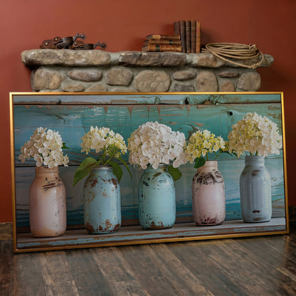 Hydrangeas in Distressed Mason Jars Canvas Wall Art in antique gold floating frame