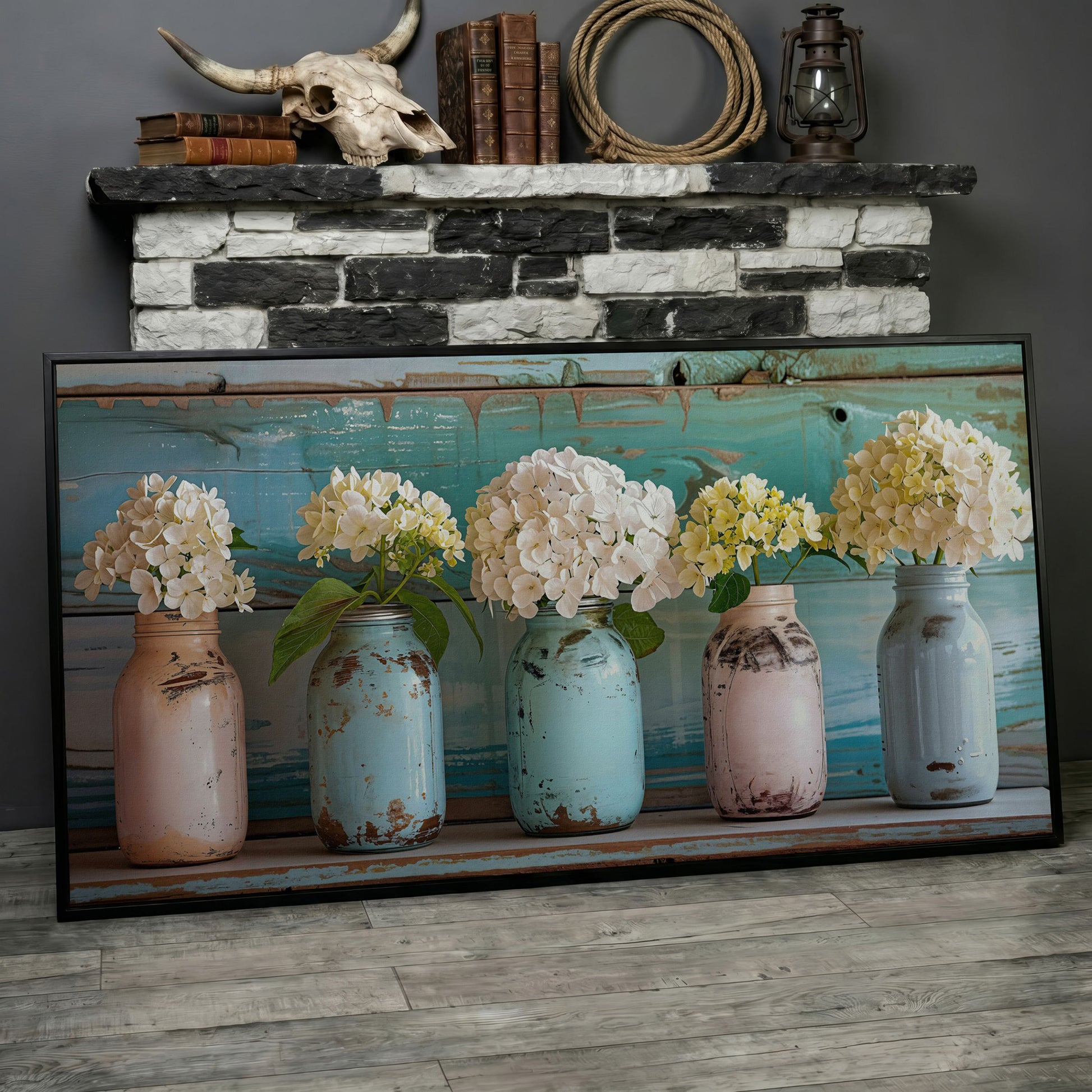 Hydrangeas in Distressed Mason Jars Canvas Wall Art in black floating frame