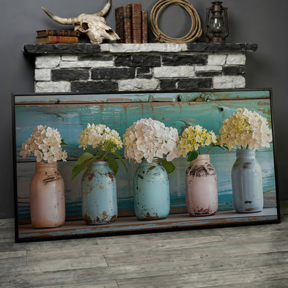 Hydrangeas in Distressed Mason Jars Canvas Wall Art in black floating frame