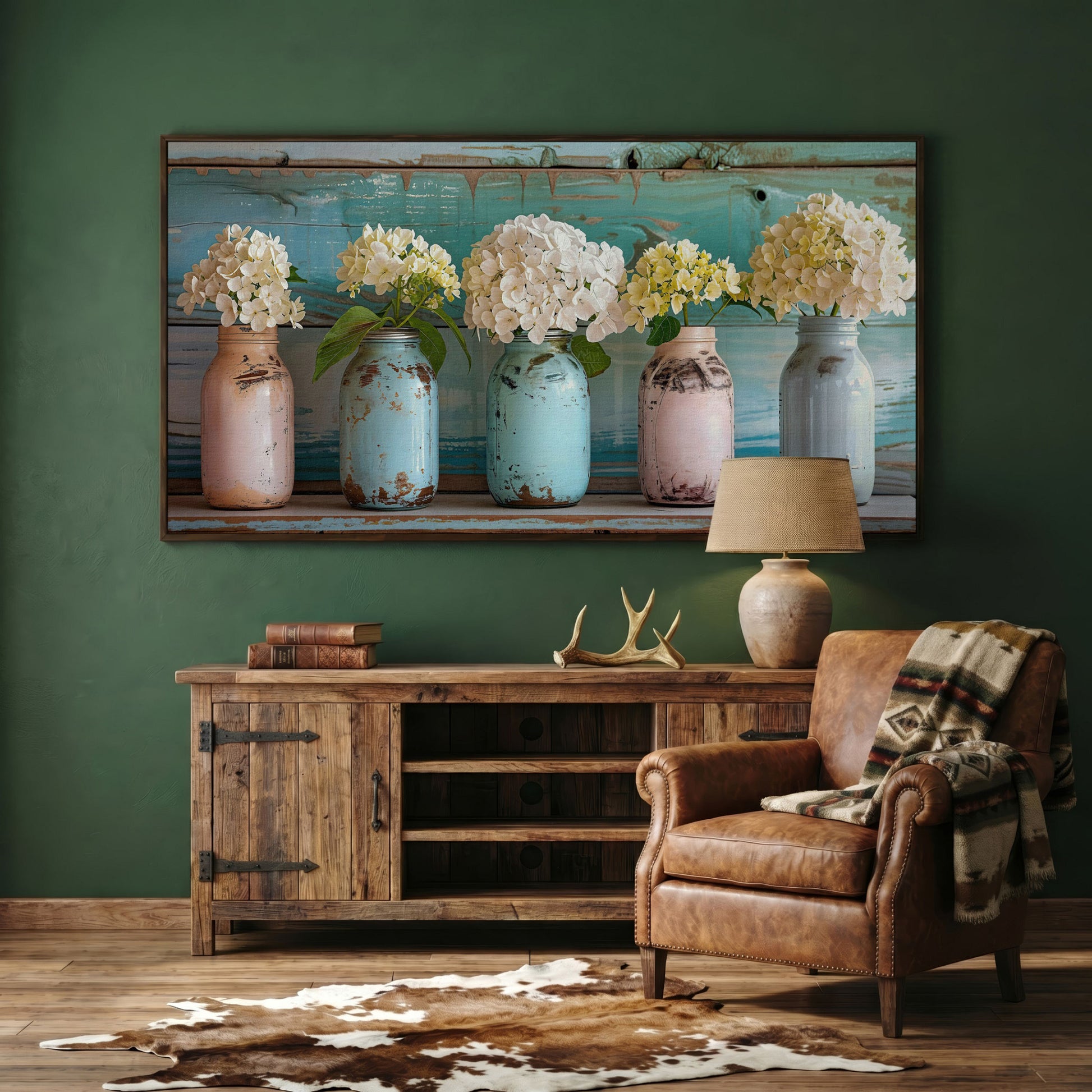 Hydrangeas in Distressed Mason Jars Canvas Wall Art in dark walnut floating frame
