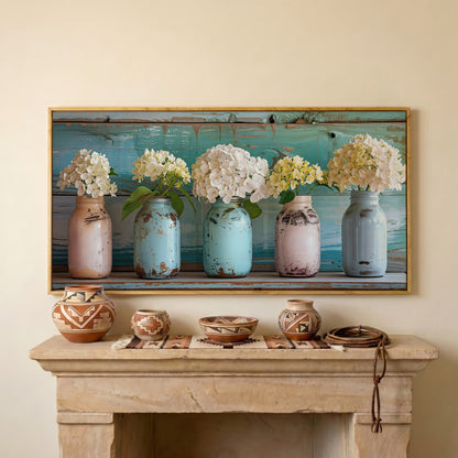 Hydrangeas in Distressed Mason Jars Canvas Wall Art in white oak floating frame