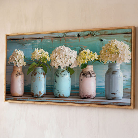 Hydrangeas in Distressed Mason Jars Canvas Wall Art shown in white oak floating frame