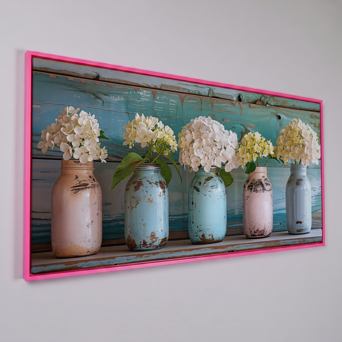 Hydrangeas in Distressed Mason Jars Canvas Wall Art in pink floating frame