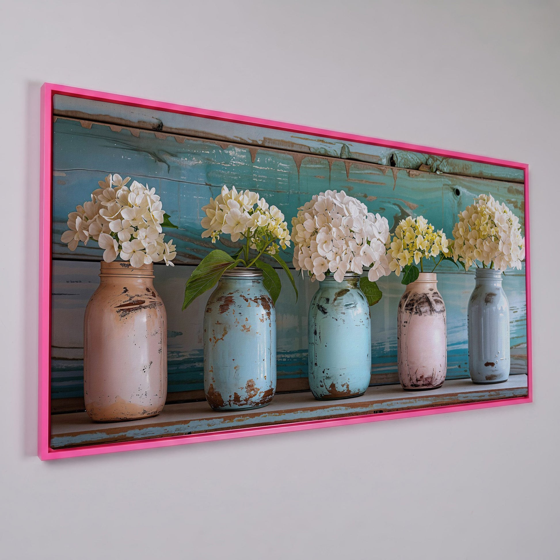 Hydrangeas in Distressed Mason Jars Canvas Wall Art in pink floating frame