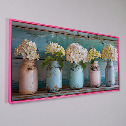 Hydrangeas in Distressed Mason Jars Canvas Wall Art in pink floating frame