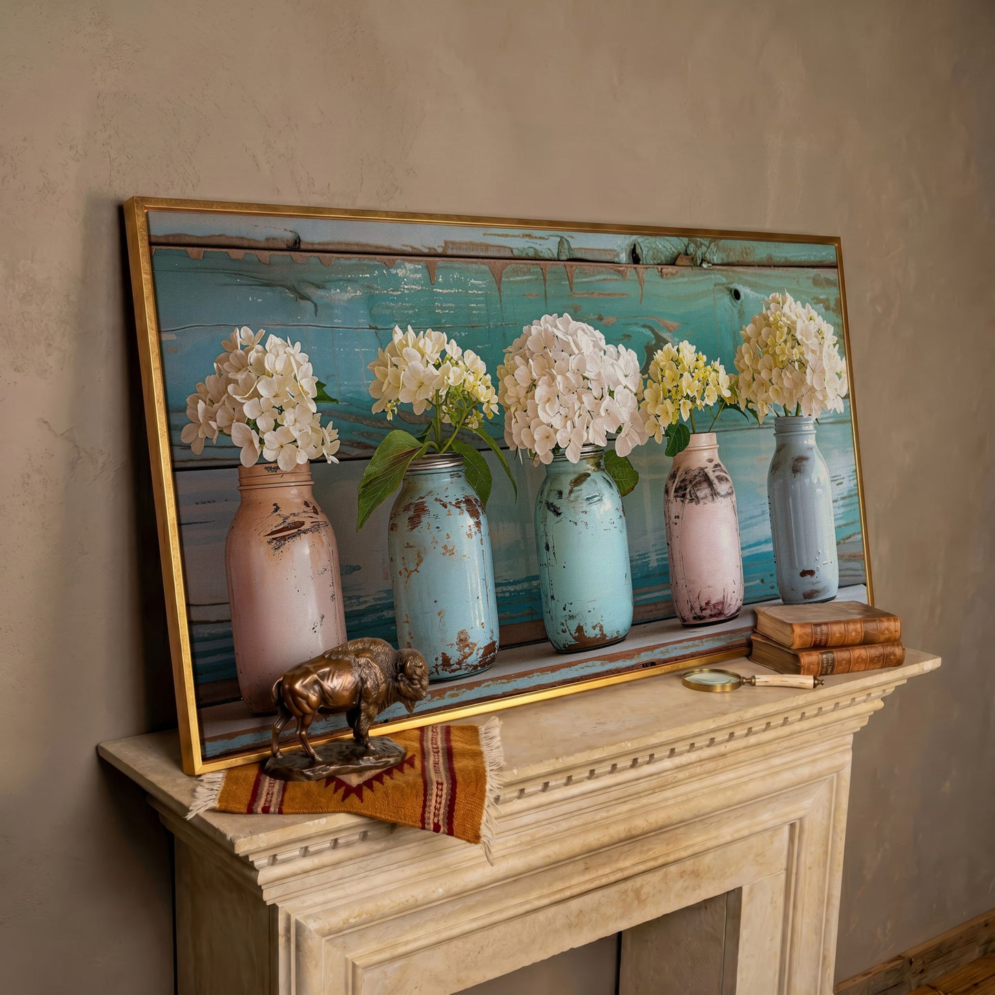 Hydrangeas in Distressed Mason Jars Canvas Wall Art in rose gold floating frame