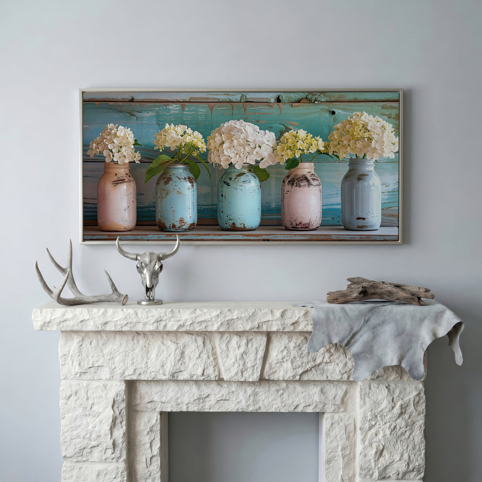 Hydrangeas in Distressed Mason Jars Canvas Wall Art in silver floating frame