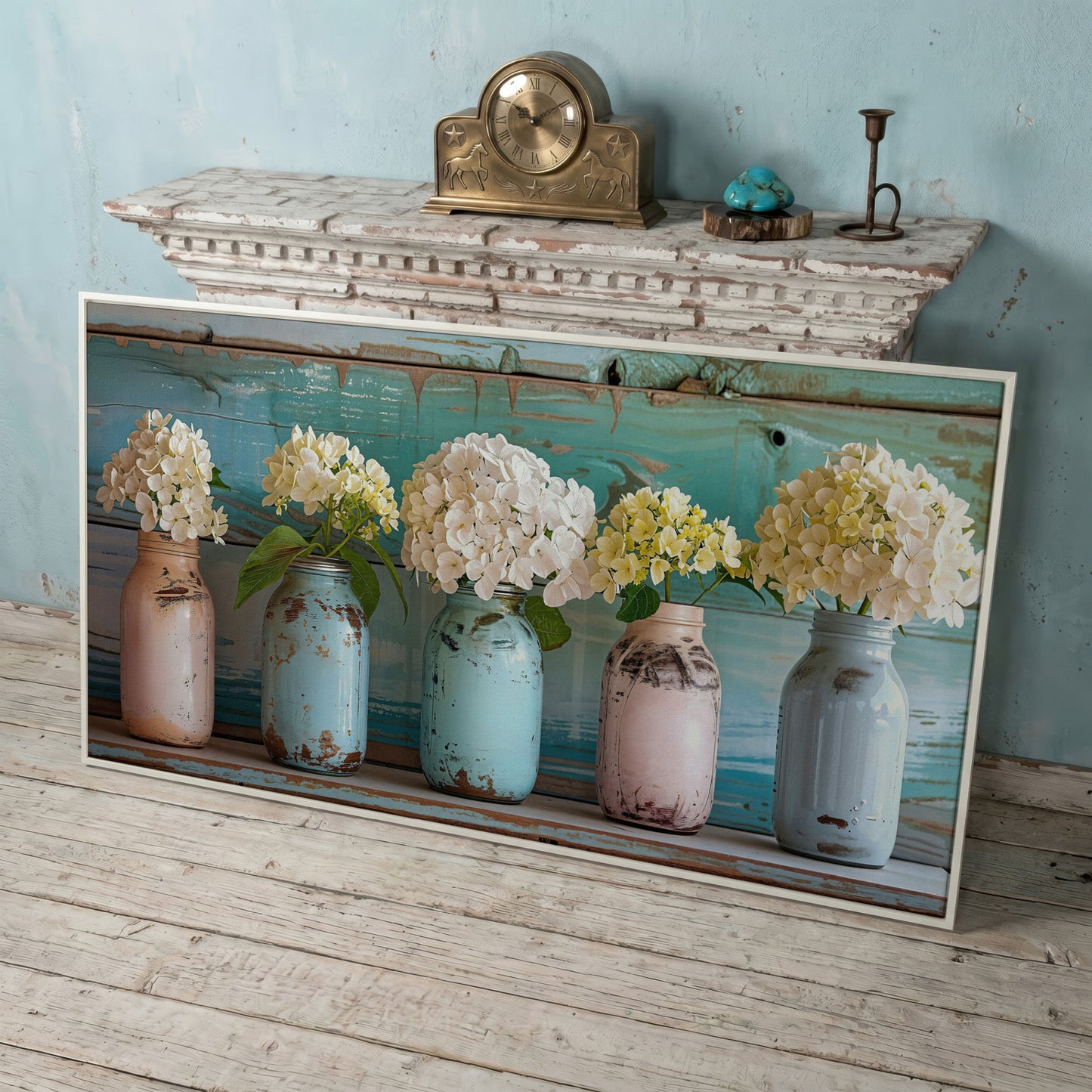 Hydrangeas in Distressed Mason Jars Canvas Wall Art in white floating frame