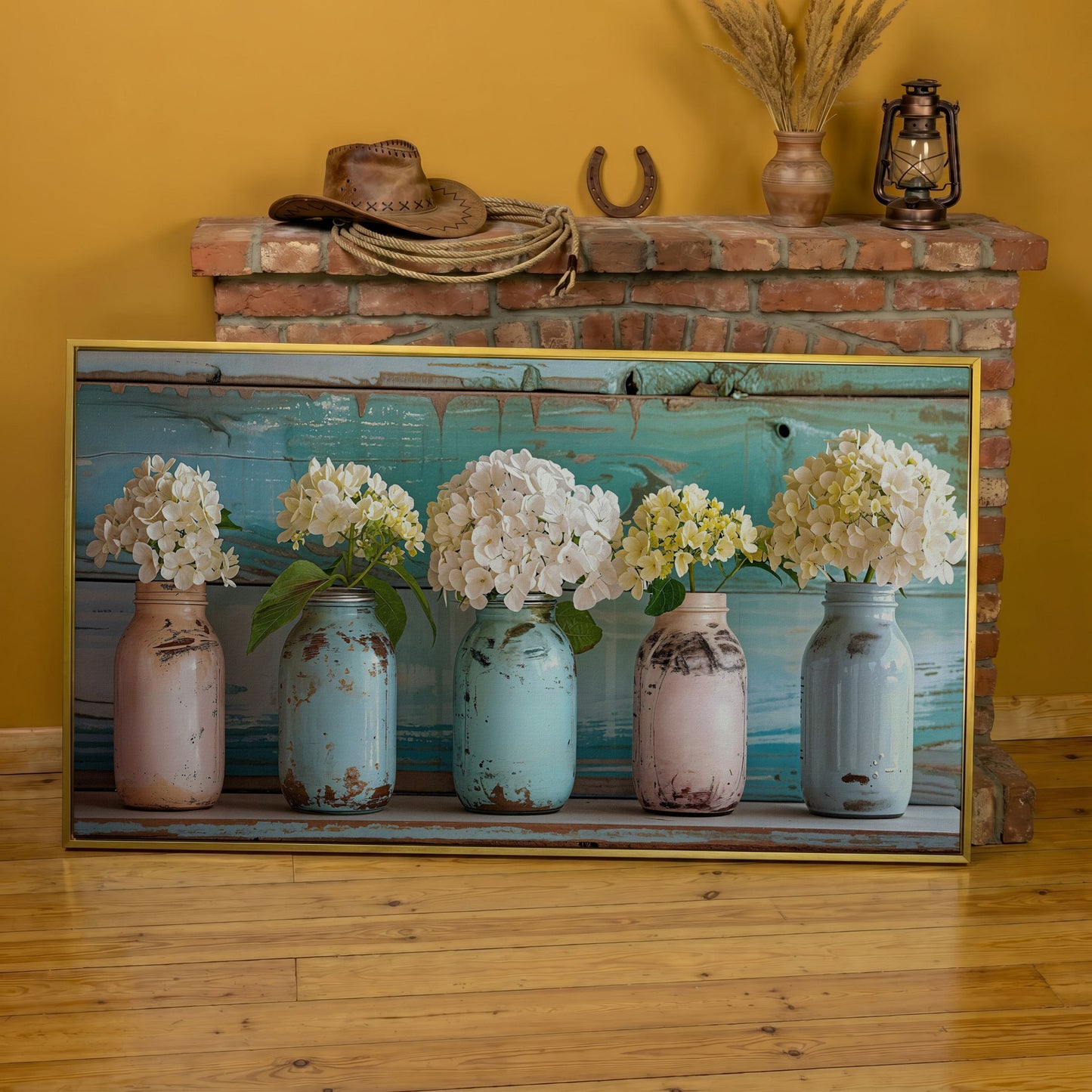 Hydrangeas in Distressed Mason Jars Canvas Wall Art in yellow gold floating frame