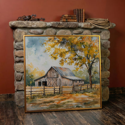 Rustic Barn in Autumn Canvas in antique gold floating frame