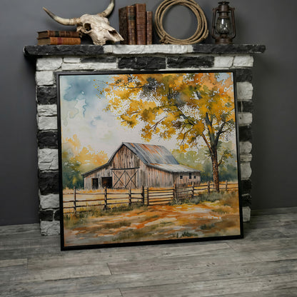 Rustic Barn in Autumn Canvas in black floating frame