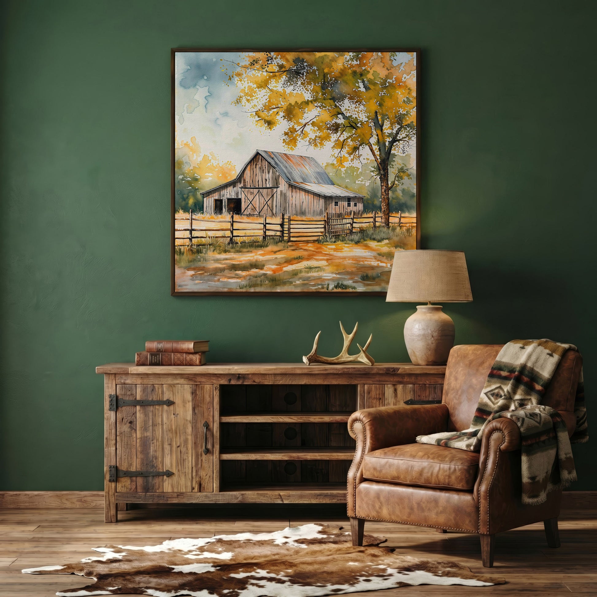 Rustic Barn in Autumn Canvas in dark walnut floating frame