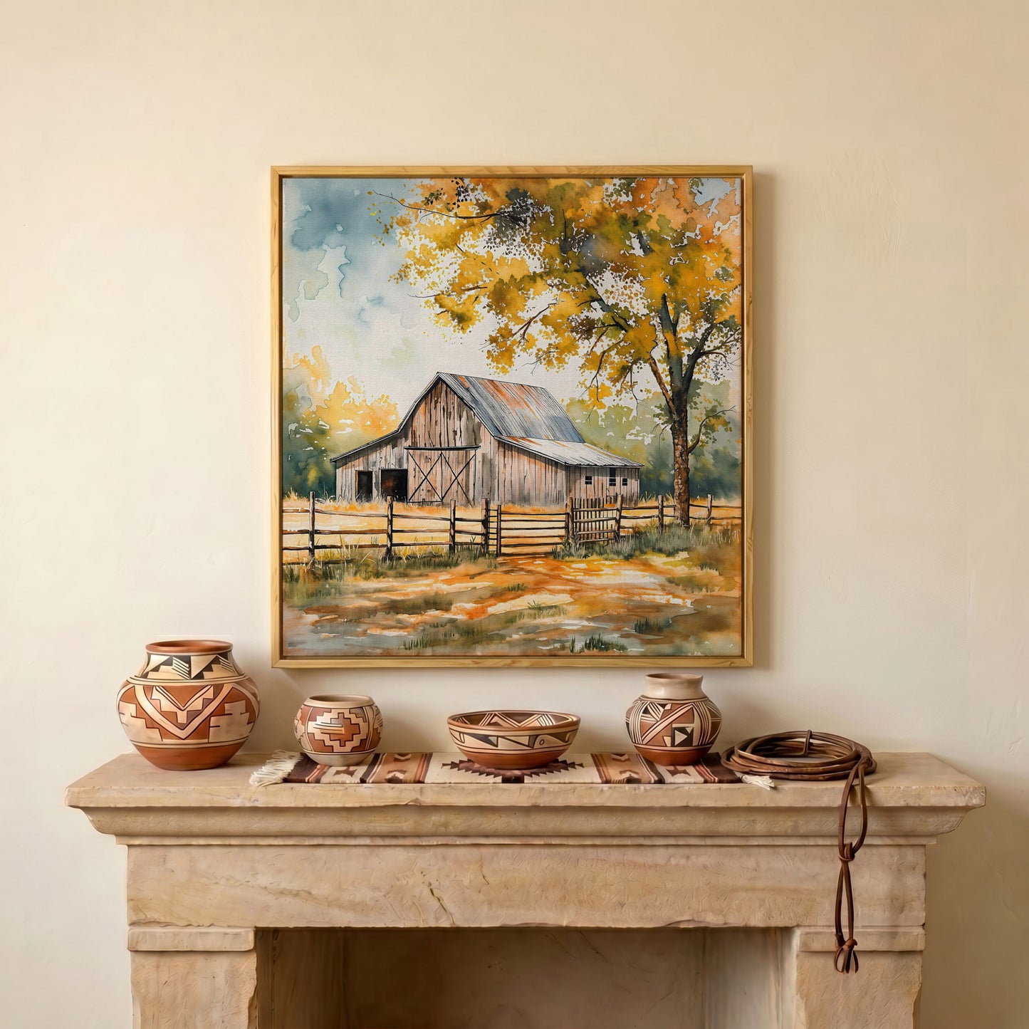 Rustic Barn in Autumn Canvas in white oak floating frame