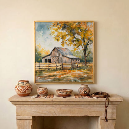 Rustic Barn in Autumn Canvas in white oak floating frame