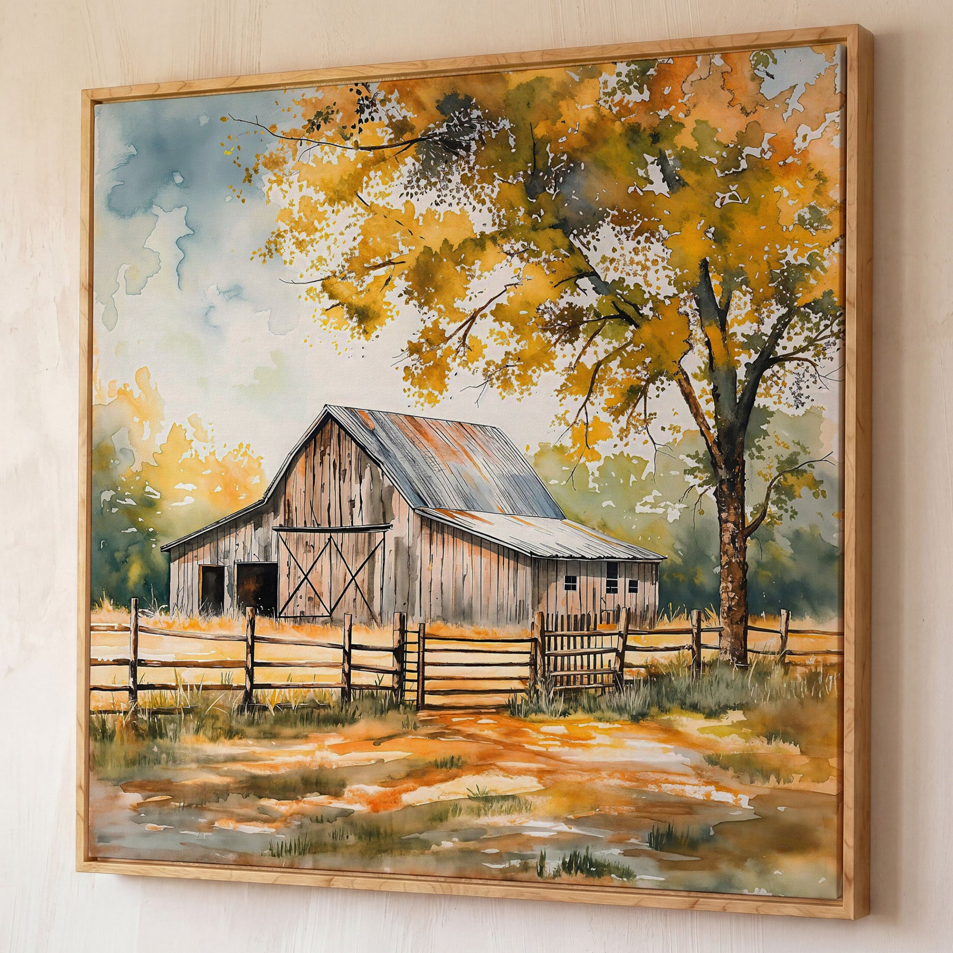 Rustic Barn in Autumn Canvas shown in white oak floating frame