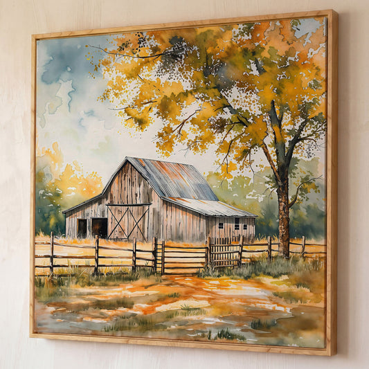 Rustic Barn in Autumn Canvas shown in white oak floating frame
