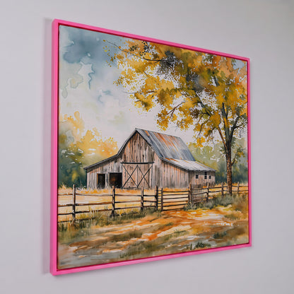 Rustic Barn in Autumn Canvas in pink floating frame