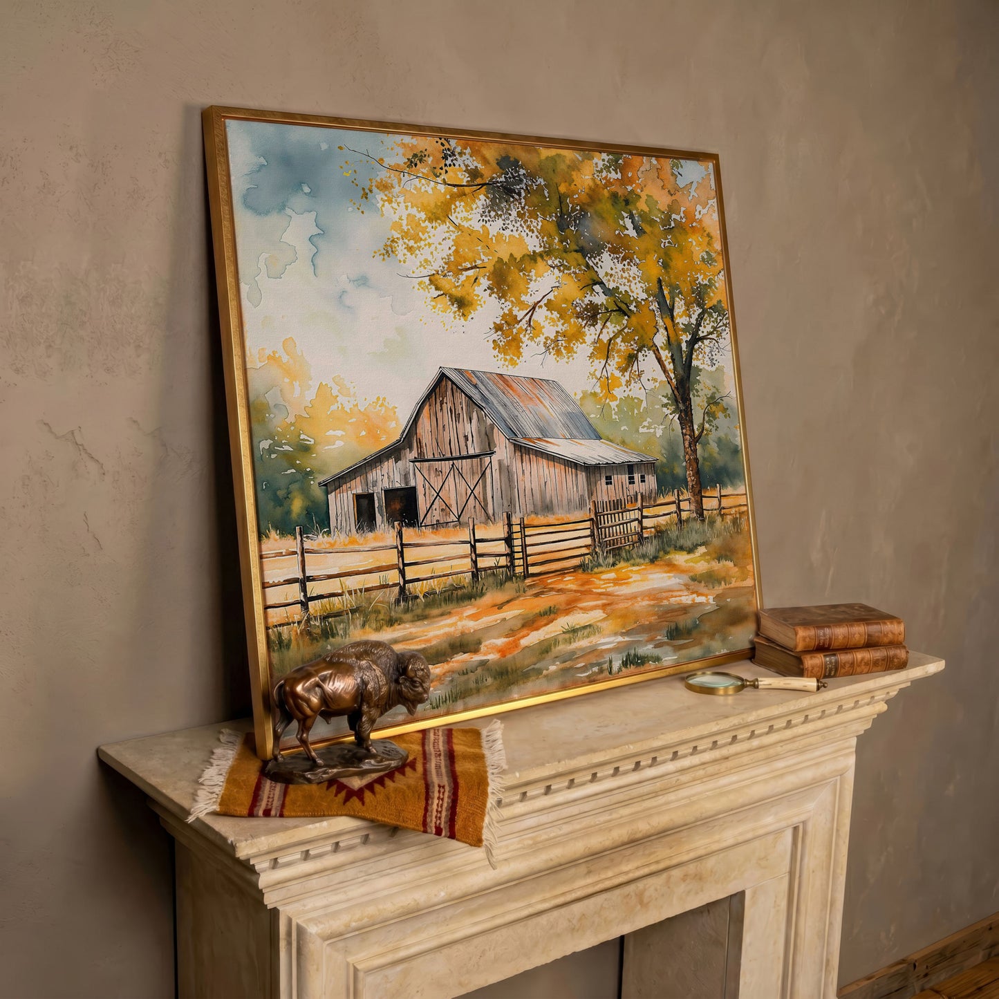 Rustic Barn in Autumn Canvas in rose gold floating frame