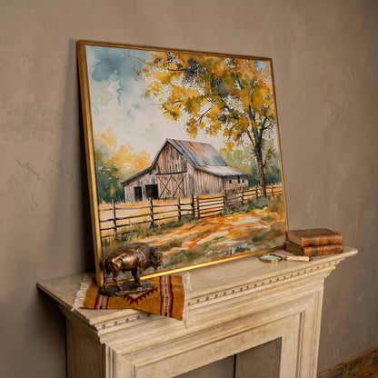 Rustic Barn in Autumn Canvas in rose gold floating frame