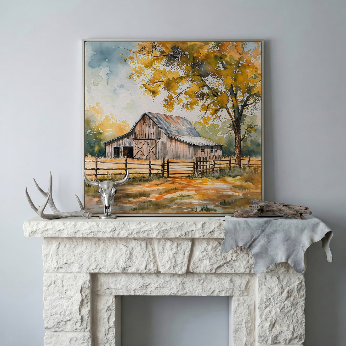 Rustic Barn in Autumn Canvas in silver floating frame