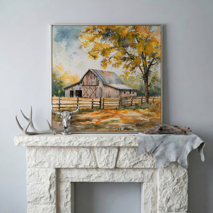 Rustic Barn in Autumn Canvas in silver floating frame