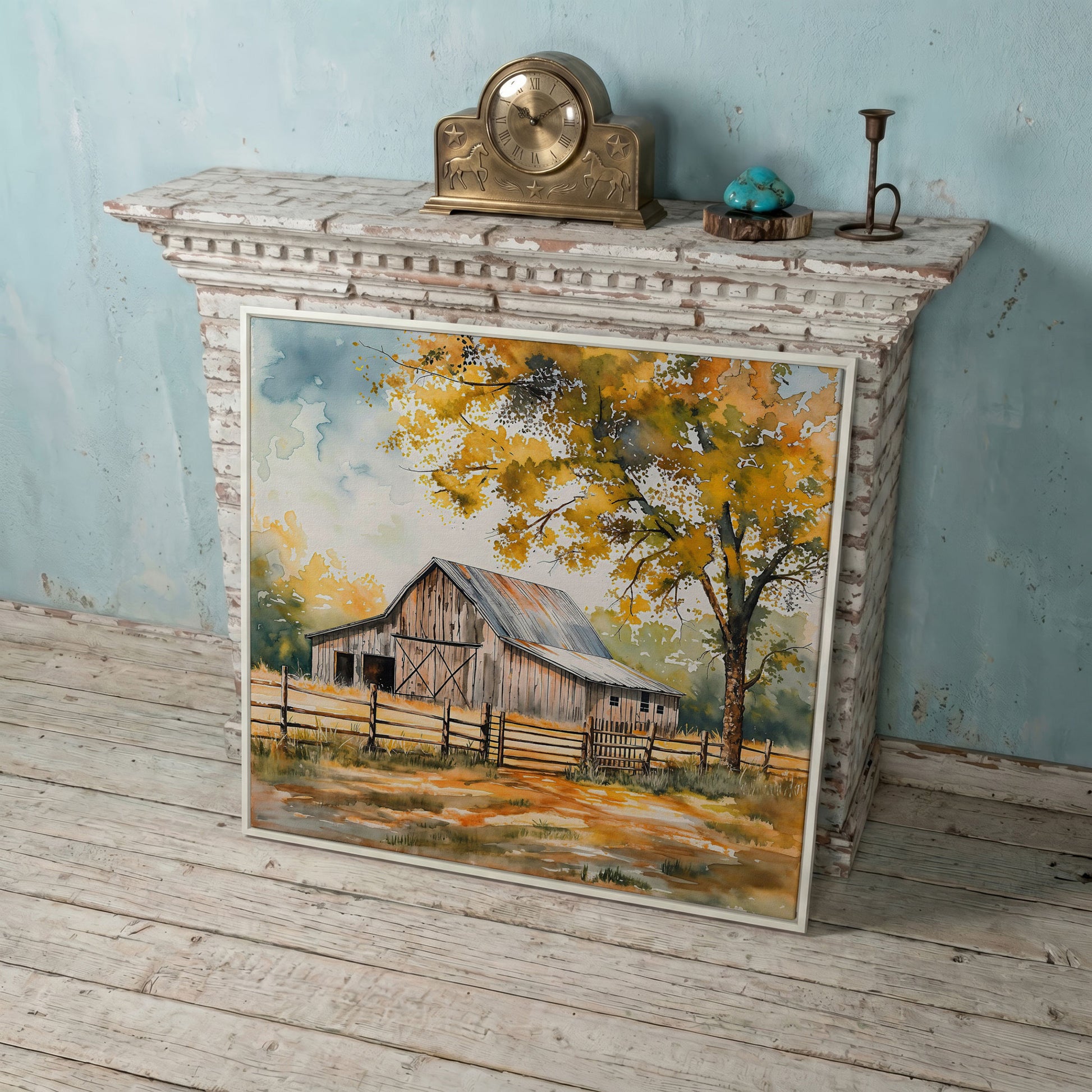 Rustic Barn in Autumn Canvas in white floating frame