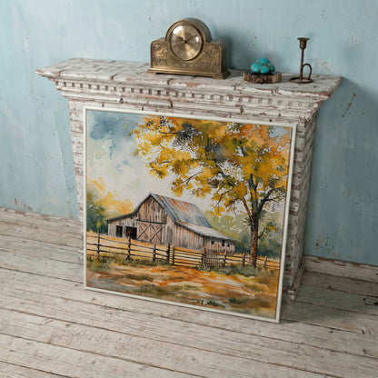 Rustic Barn in Autumn Canvas in white floating frame