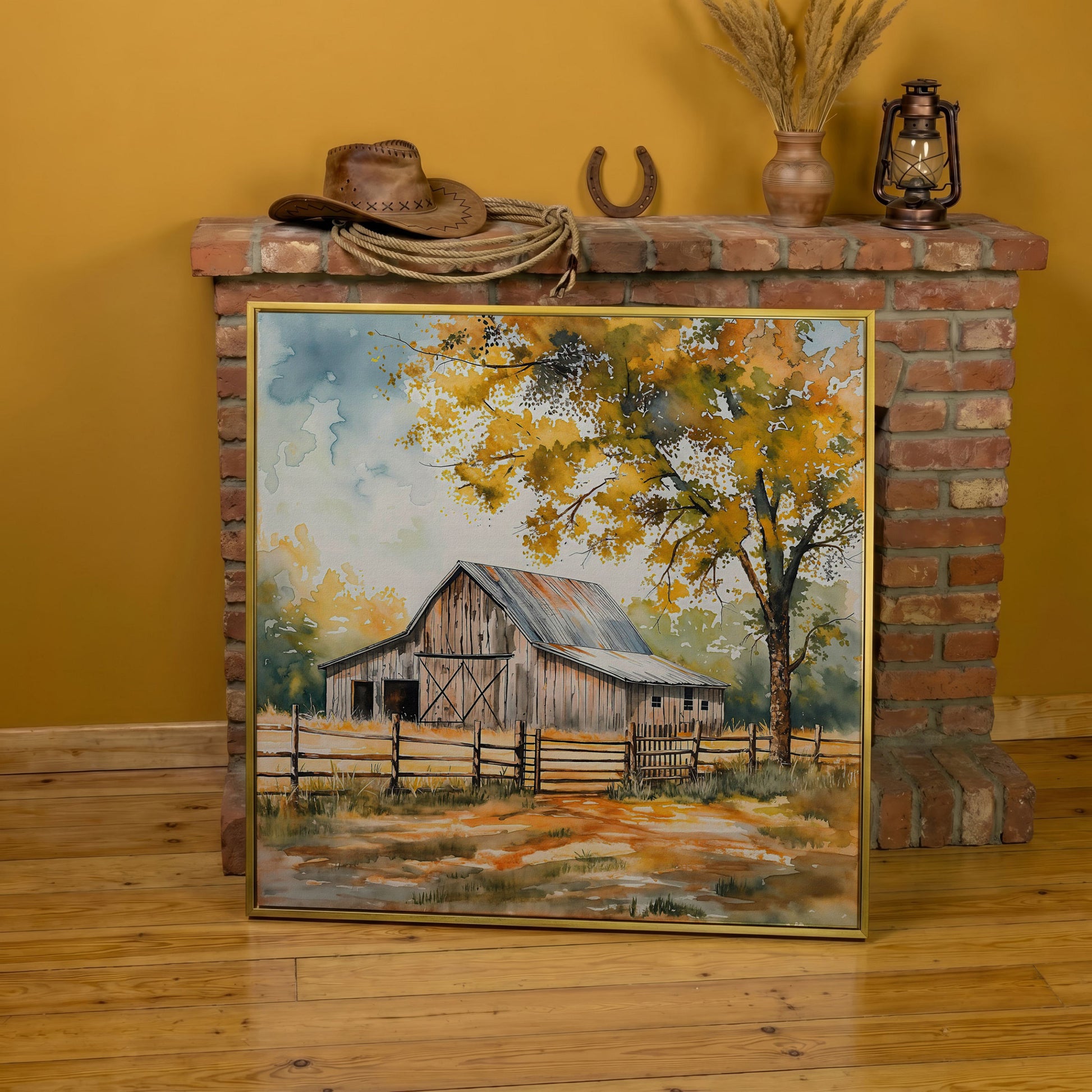 Rustic Barn in Autumn Canvas in yellow gold floating frame