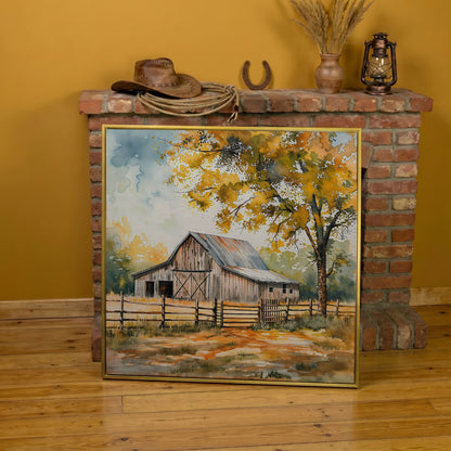 Rustic Barn in Autumn Canvas in yellow gold floating frame