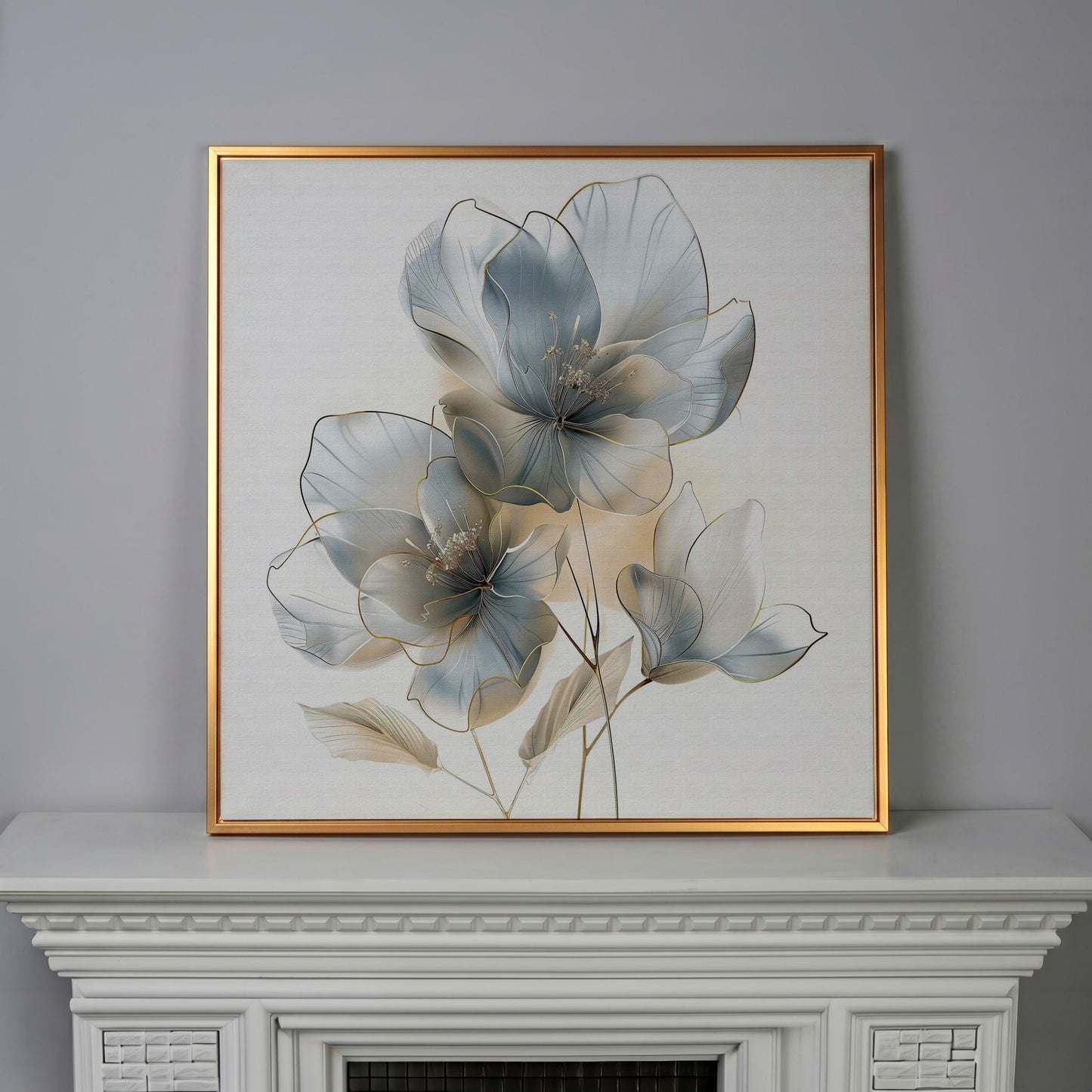 Three Abstract Floral Blossoms Canvas Wall Art in Soft Tones in antique gold floating frame