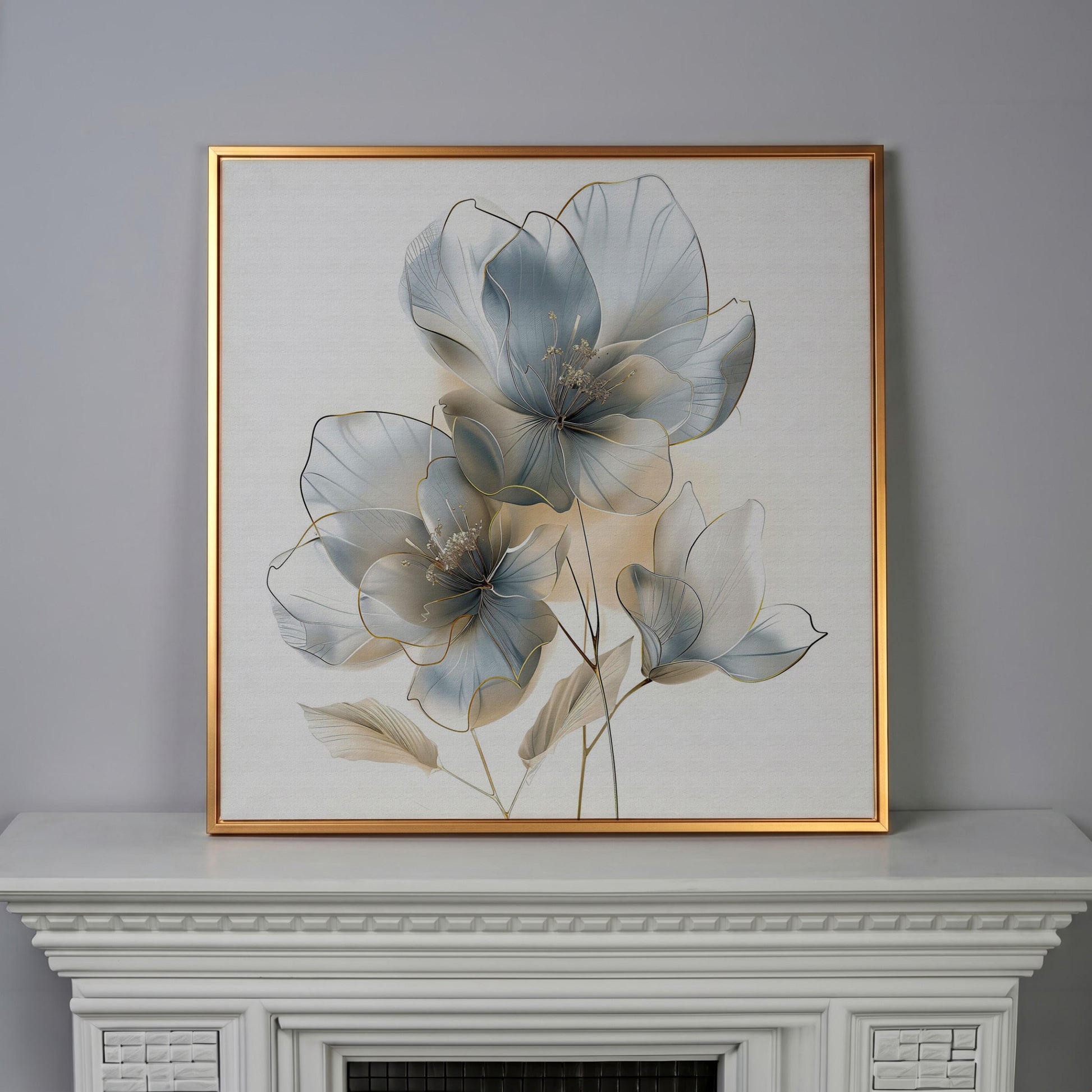 Three Abstract Floral Blossoms Canvas Wall Art in Soft Tones in antique gold floating frame