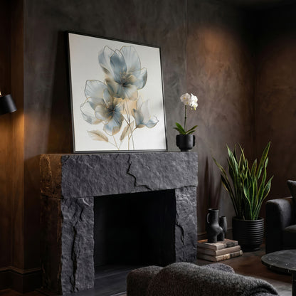 Three Abstract Floral Blossoms Canvas Wall Art in Soft Tones in black floating frame