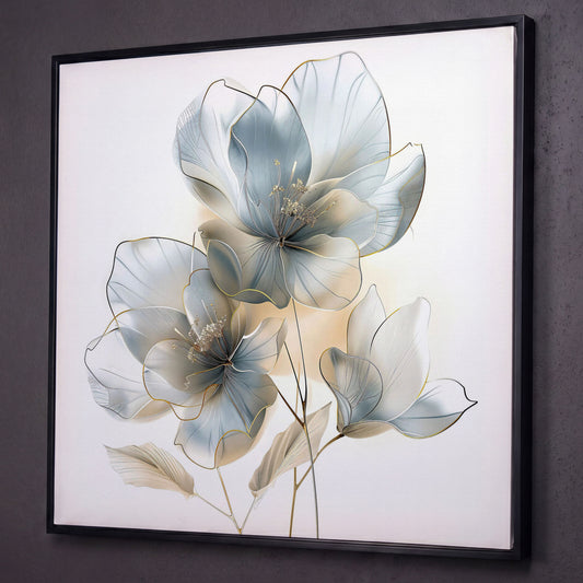 Three Abstract Floral Blossoms Canvas Wall Art in Soft Tones shown in black floating frame