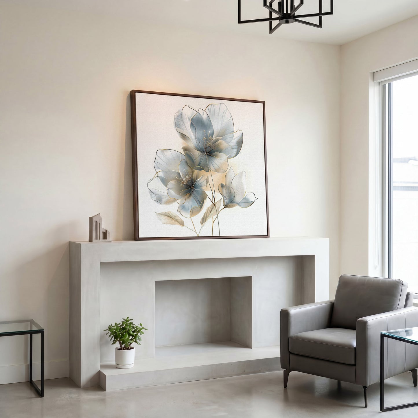 Three Abstract Floral Blossoms Canvas Wall Art in Soft Tones in dark walnut floating frame