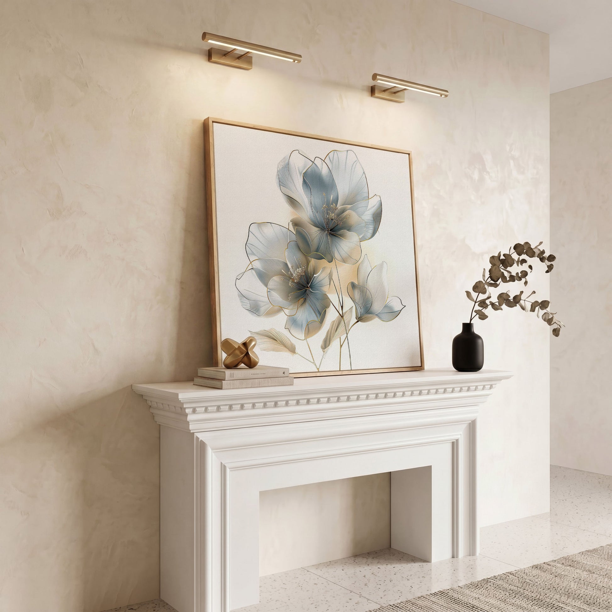 Three Abstract Floral Blossoms Canvas Wall Art in Soft Tones in white oak floating frame