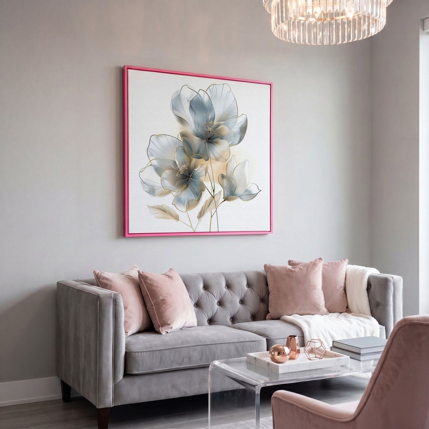Three Abstract Floral Blossoms Canvas Wall Art in Soft Tones in pink floating frame