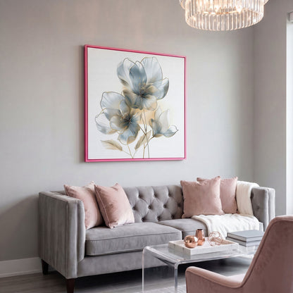Three Abstract Floral Blossoms Canvas Wall Art in Soft Tones in pink floating frame