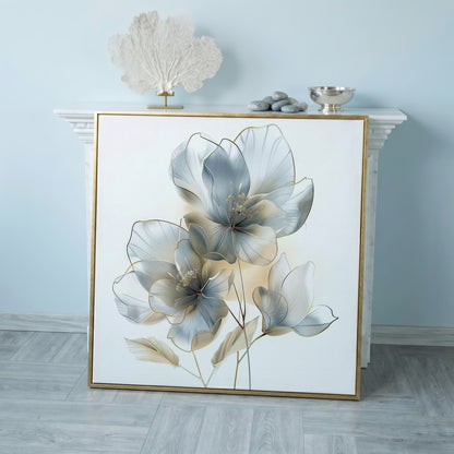 Three Abstract Floral Blossoms Canvas Wall Art in Soft Tones in rose gold floating frame