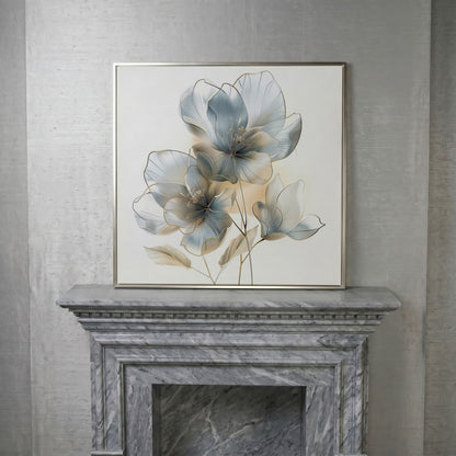 Three Abstract Floral Blossoms Canvas Wall Art in Soft Tones in silver floating frame