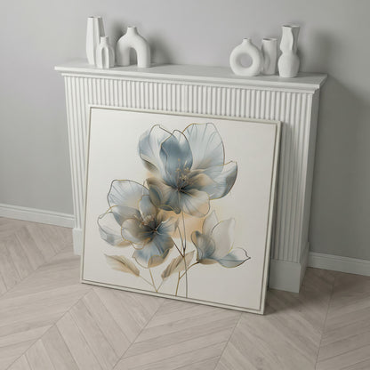 Three Abstract Floral Blossoms Canvas Wall Art in Soft Tones in white floating frame