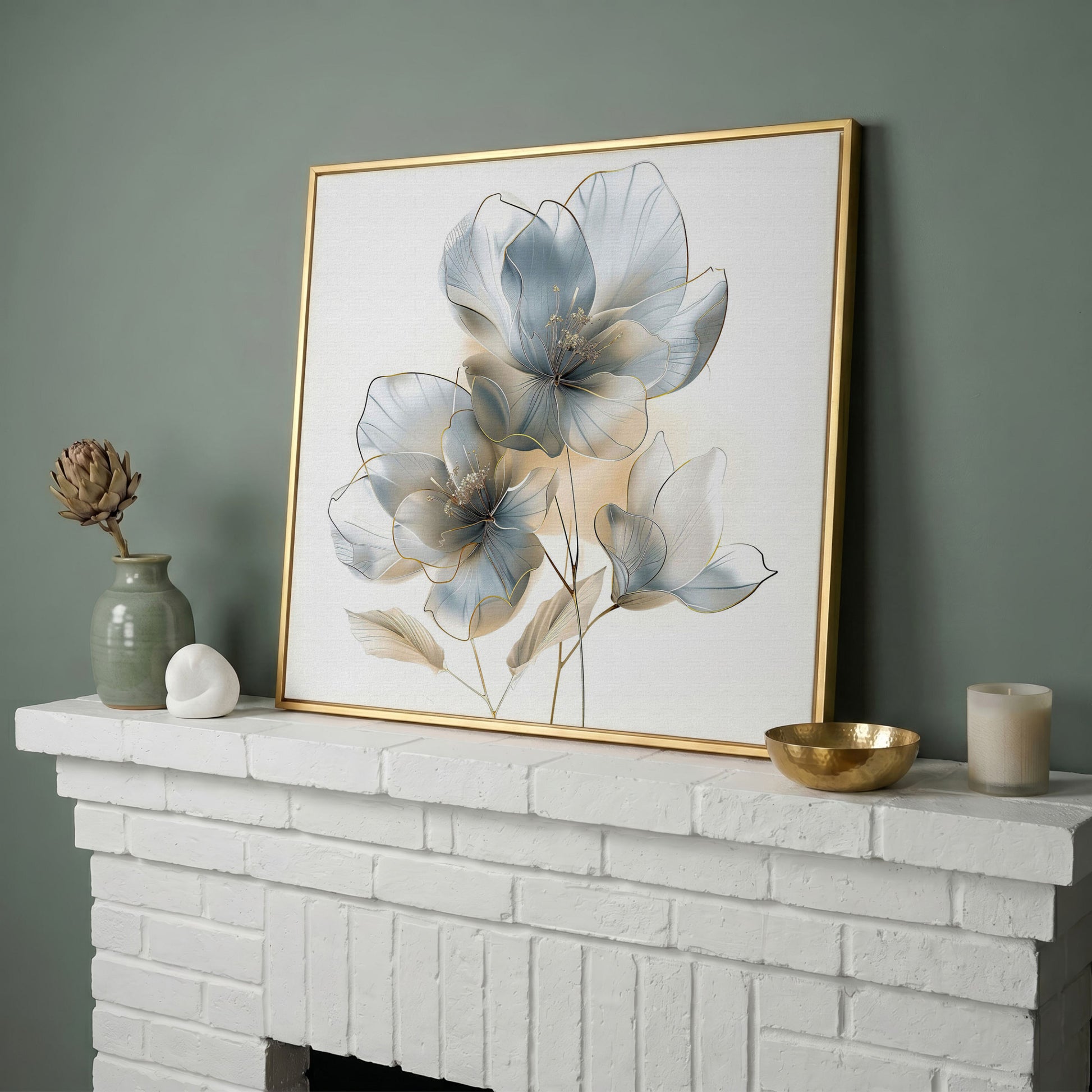 Three Abstract Floral Blossoms Canvas Wall Art in Soft Tones in yellow gold floating frame