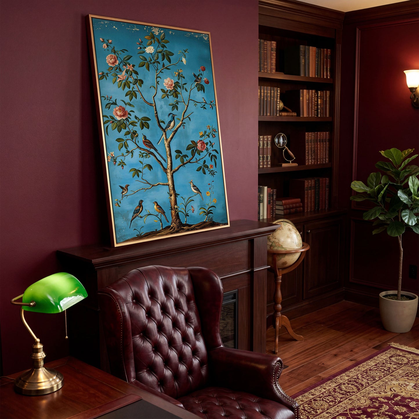 Birds in Blossom Tree Canvas Wall Art, Botanical Portrait Print in antique gold floating frame