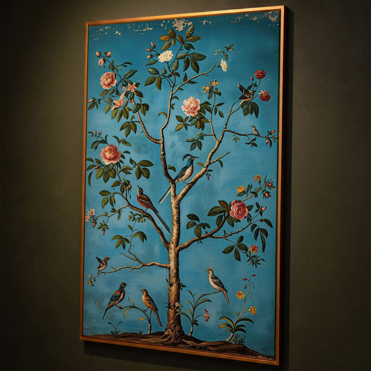 Birds in Blossom Tree Canvas Wall Art, Botanical Portrait Print shown in antique gold floating frame