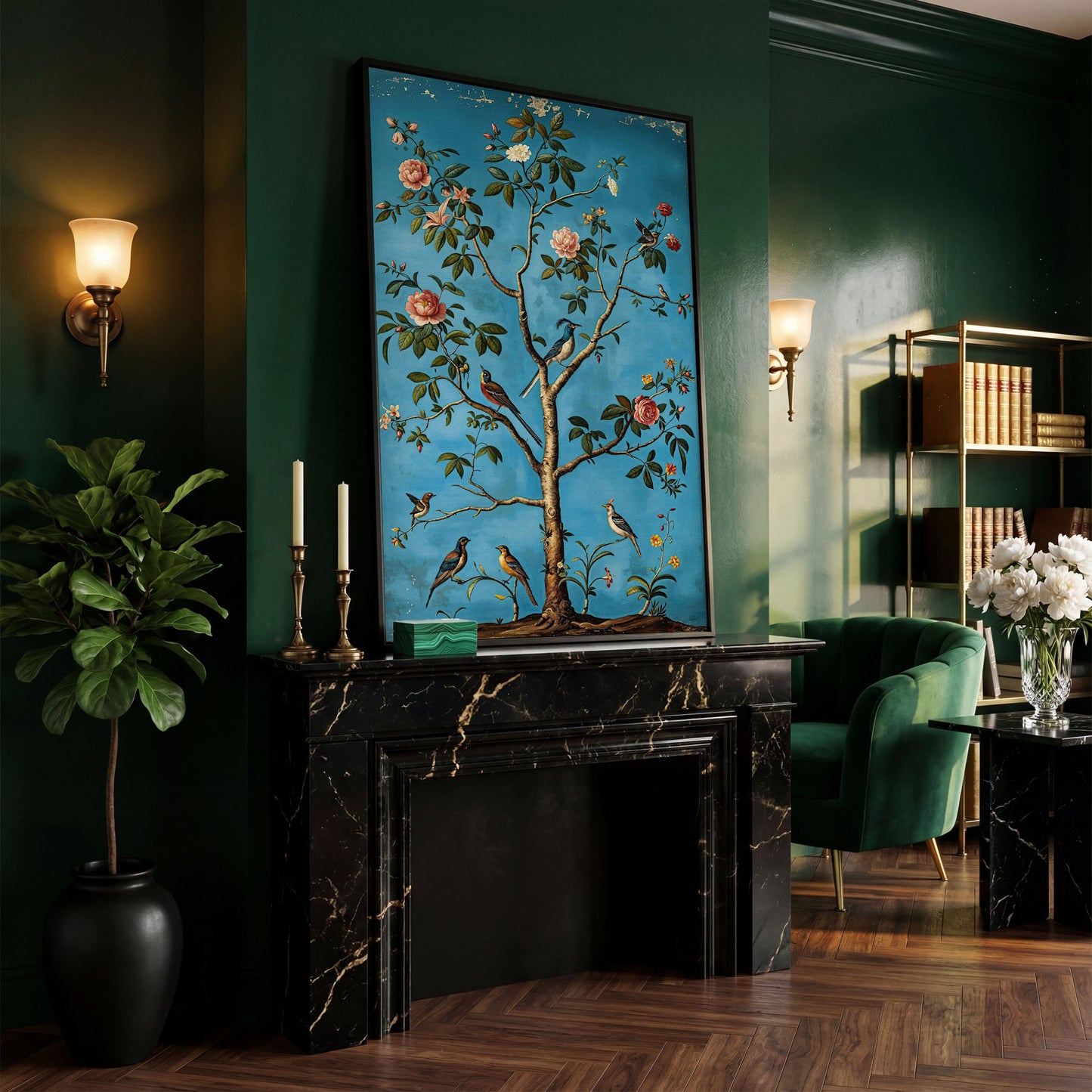 Birds in Blossom Tree Canvas Wall Art, Botanical Portrait Print in black floating frame