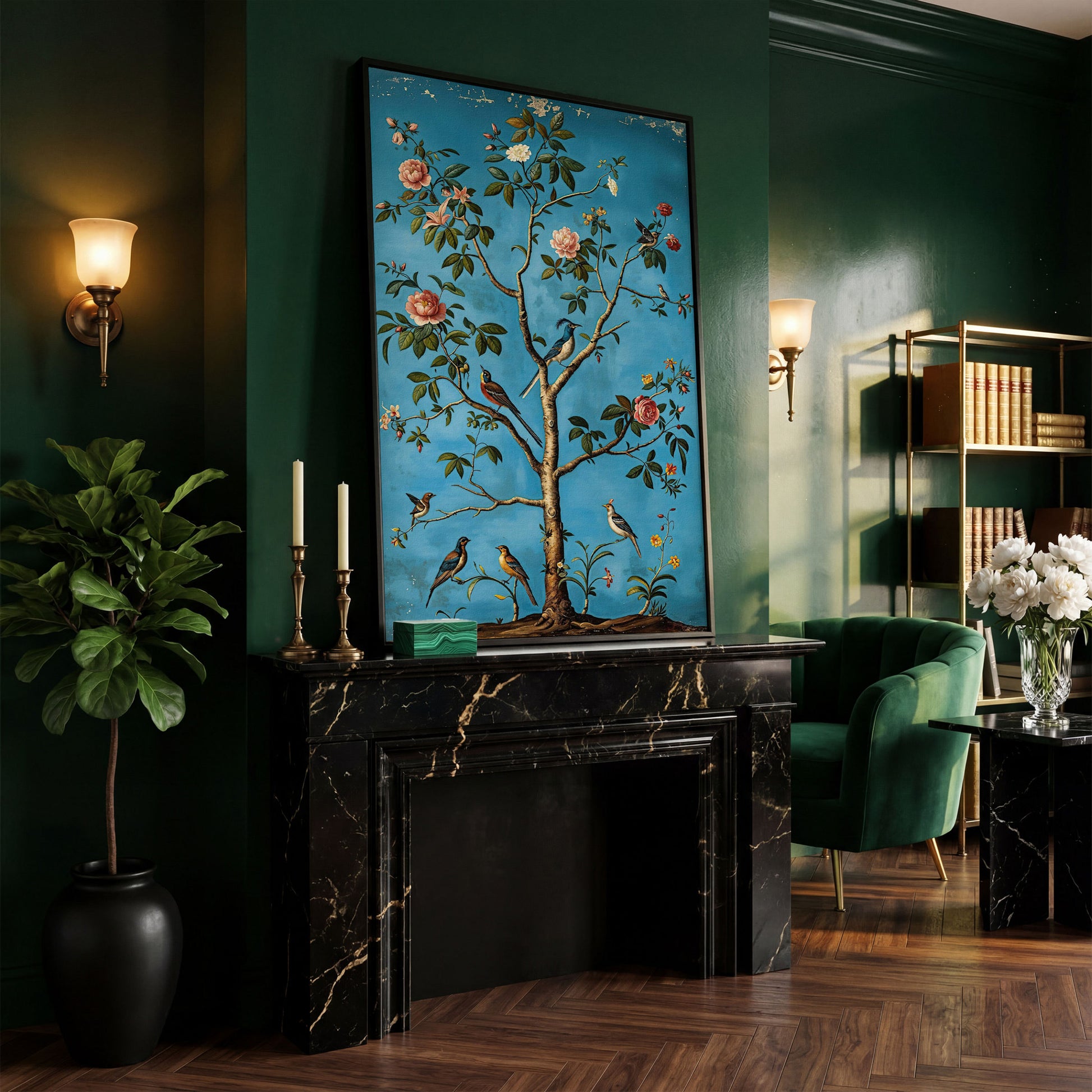 Birds in Blossom Tree Canvas Wall Art, Botanical Portrait Print in black floating frame