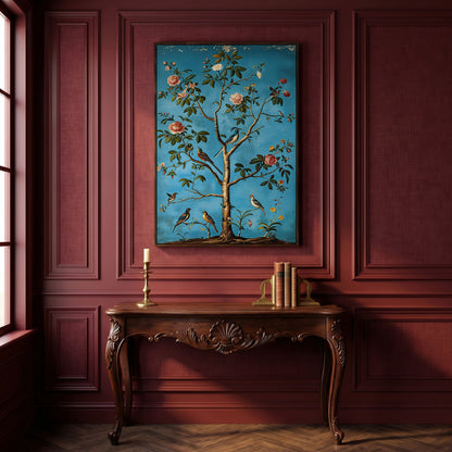 Birds in Blossom Tree Canvas Wall Art, Botanical Portrait Print in dark walnut floating frame